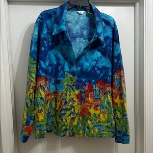 Laura Ashley Blue and Green Artistic Button Down Shirt